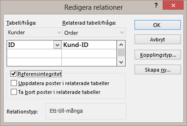 Redigera en befintlig relation mellan tabeller