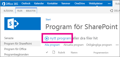 Nytt program-länken i biblioteket Program för SharePoint i programkatalogen
