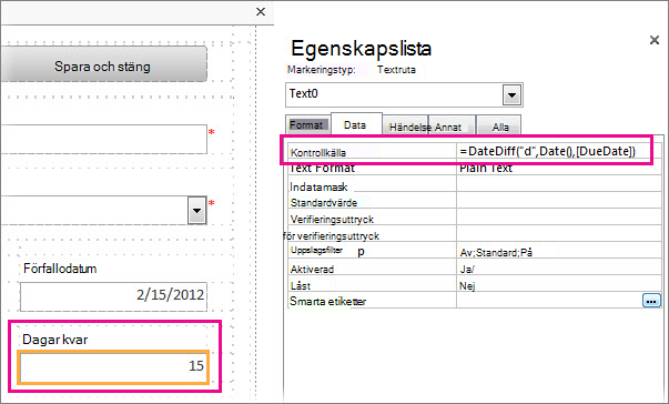 Infoga funktionen DatumDiff i egenskapen Kontrollkälla i en textruta.
