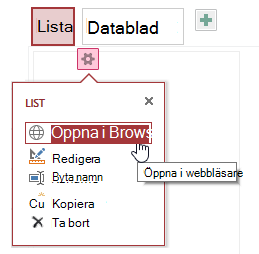 Popup-meny som visar Öppna i webbläsare, Redigera, Byt namn, Kopiera och Ta bort
