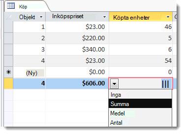 Summarad med funktioner för summa och antal