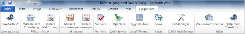 Fliken Hjälpmedel för Save as DAISY i menyfliksområdet