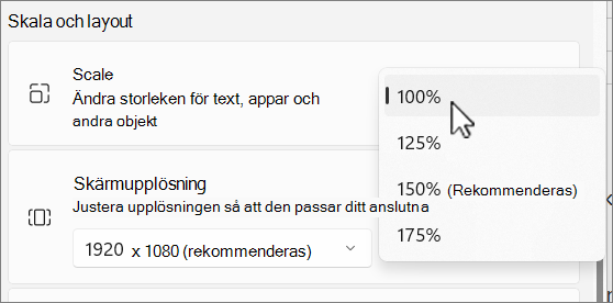Skärmbild av skalnings- och layoutalternativ.