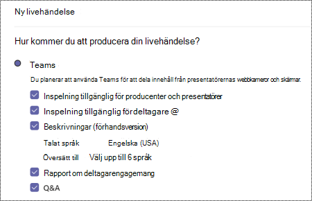 Dialogruta för att välja alternativ för frågor och svar om livehändelse i Teams när du schemalägger en händelse.