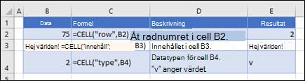Exempel på funktionen CELL
