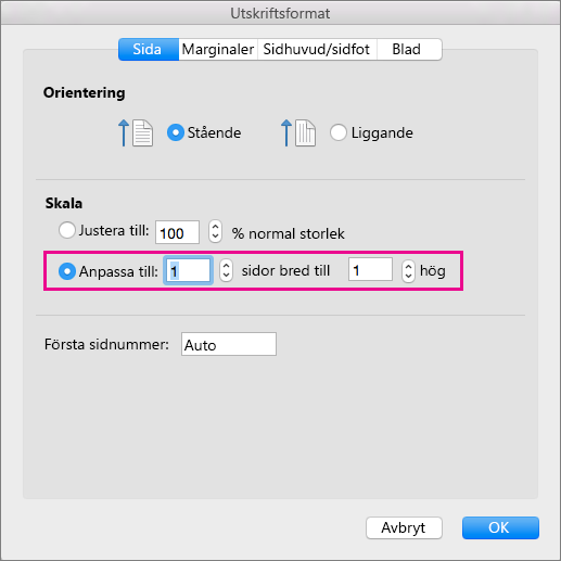 Dialogrutan Utskriftsformat, med Anpassa till markerat