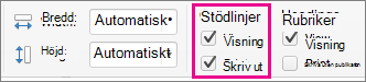 Skärmbild som visar fliken Sidlayout, under Rutnät väljer du Skriv ut.