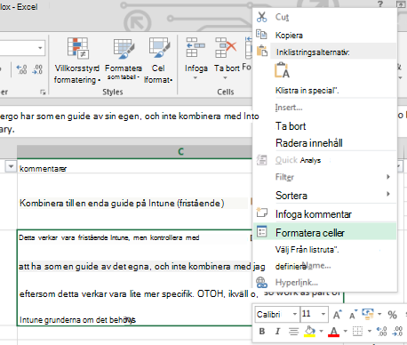 Klicka på Formatera celler på snabbmenyn.