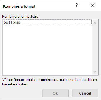 Markera en arbetsbok i dialogrutan Koppla format