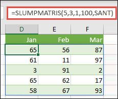 Funktionen SLUMPMATRIS med argumenten Min, Max & Heltal