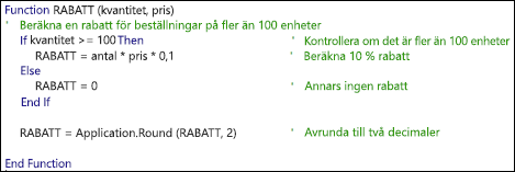 Exempel på en VBA-funktion med kommentarer