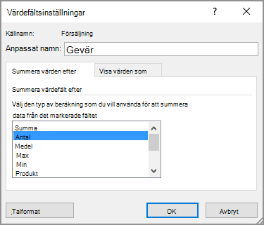 Dialogrutan Värdefältsinställningar