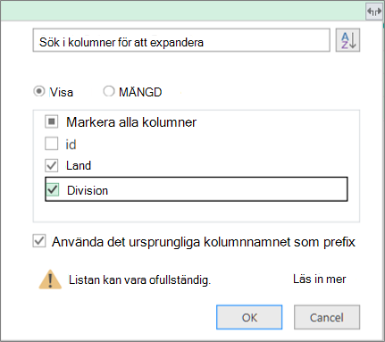 expandera den strukturerade tabellen till frågetabellen