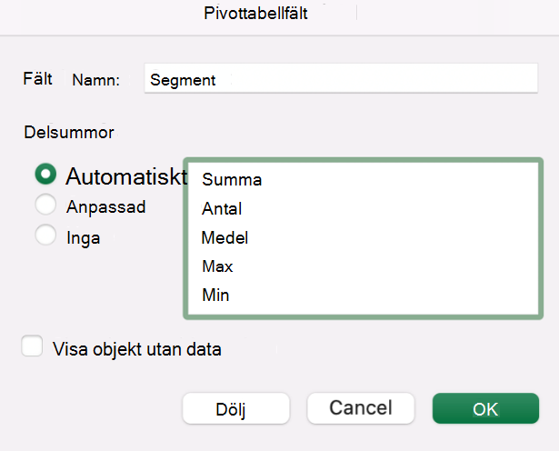 Lägga till ett pivottabellfält