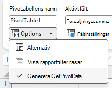 Skärmbild av menyn Pivottabellalternativ i Excel. I det övre avsnittet visas pivottabellens namn: Pivottabell1. Nedan visas en nedrullningsbar meny med etiketten Alternativ, med tre objekt: Alternativ, en nedtonad Visa rapportfiltersidor... och ett markerat alternativ generera GetPivotData.