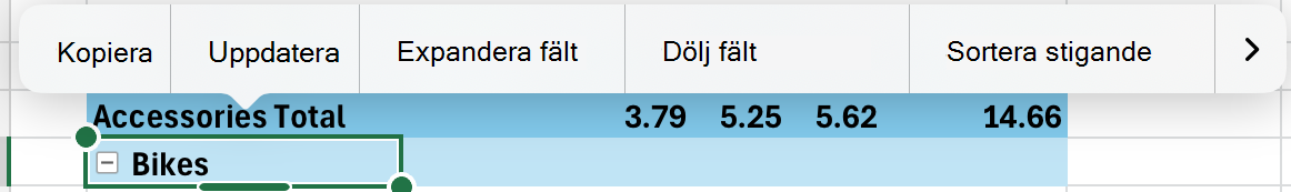 Visa eller dölj ett pivottabellfält på iPad via snabbmenyn.