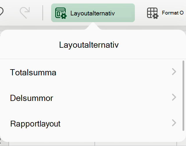 Listruta för pivottabelllayout på iPad.