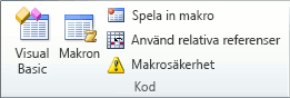 Skärmbild som visar gruppen Kod på fliken Utvecklare.