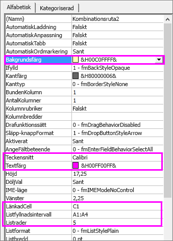 Egenskapsinställningar för ActiveX-kombinationsruta.
