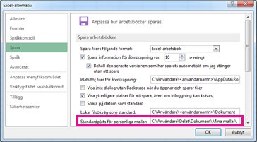 Alternativ du kan ställa in för att spara arbetsböcker