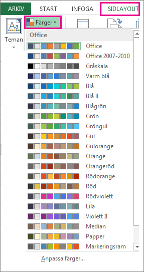 Temafärgsgalleriet som du öppnar via knappen Färger på fliken Sidlayout