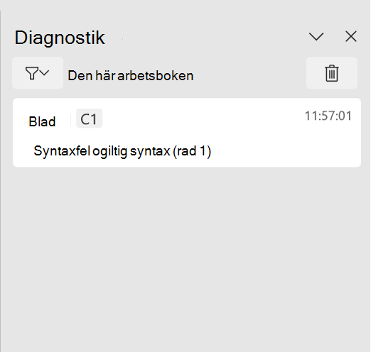 Åtgärdsfönstret Python i Excel-diagnostik som visar ett syntaxfel.