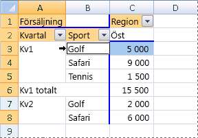 Exempel på hur man väljer en instans av ett objekt i en pivottabellrapport