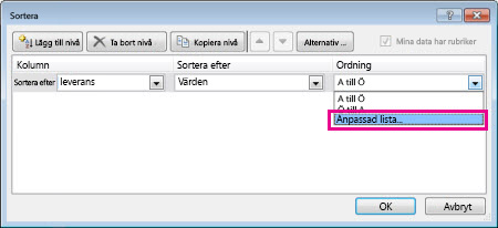 Dialogrutan Sortera