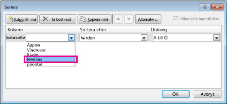 Sortera efter leveranskolumnen