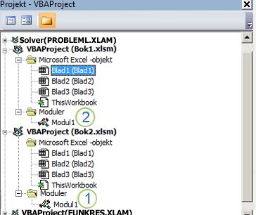 Fönstret VBA-projektutforskaren med projektträden för VBAProject Book1.xlsm och VBAProject Book2.xlsm. Nummer 1 markerar Modul1 under mappen Bok2.xlsm Moduler och nummer 2 markerar mappen Moduler under Bok1.xlsm, vilket anger vart modulen ska dras för att kopiera den.