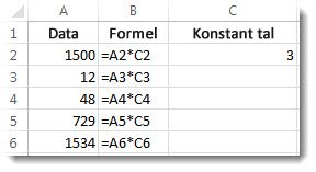 Data i kolumn A, formler i kolumn B och talet 3 i cell C2