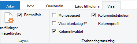 Alternativ för dataprofilering på fliken Visa i menyfliksområdet Power Query-redigeraren