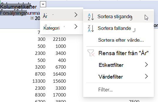 Området Rader med kombinerade filter