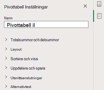 Fönstret Inställningar för pivottabell i Excel för webben