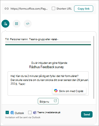 Du kan skicka formuläret på flera olika sätt från skärmen Skicka och samla in svar.