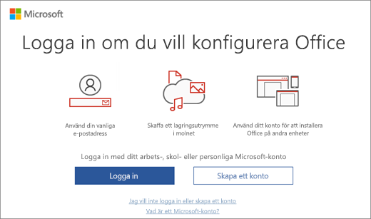 Visar sidan Logga in och konfigurera Office som kan visas efter att du installerat Office