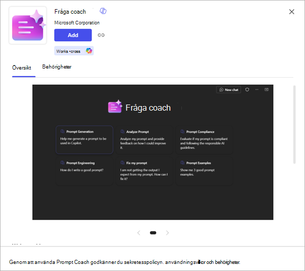 Skärmbild av en app som visar mer information och alternativet att lägga till den i Microsoft 365 Copilot.