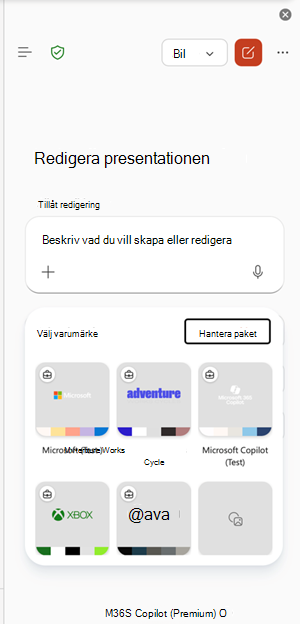 Skärmbild av startpunkten Hantera varumärkespaket i PowerPoint.