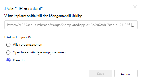 En skärmbild av alternativen för att dela en agent