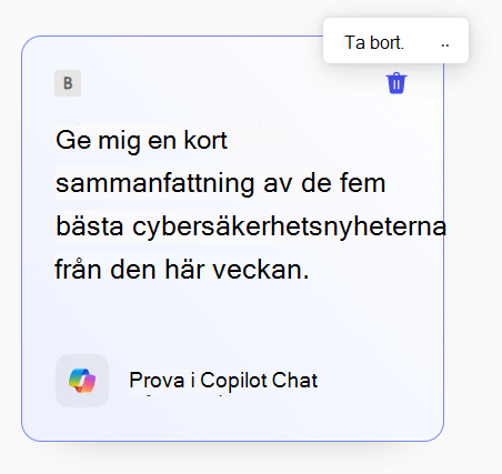 En sparad prompt i Promptgalleri för Copilot med knappen Ta bort längst upp till höger markerad.
