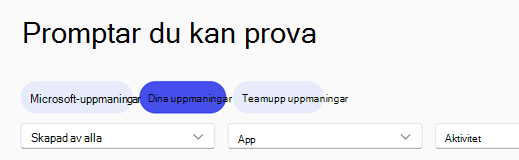 Navigeringshuvudet i Promptgalleri för Copilot med fliken Dina prompter markerad.