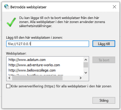 Lägga till en betrodd webbplats i Internetegenskaper