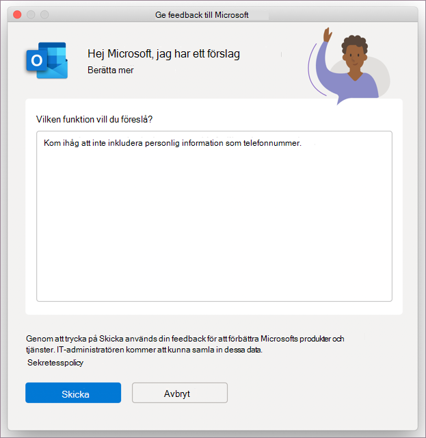 Feedbackdialogruta för Outlook i MacOS