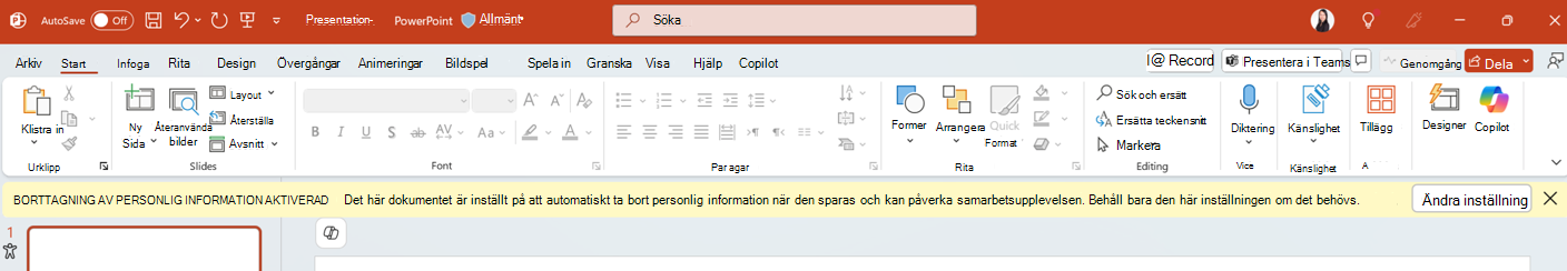 Meddelandet Borttagning av personlig information aktiverat i PowerPoint-appen