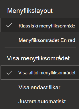Skärmbild av menyfliksområdet på webben.