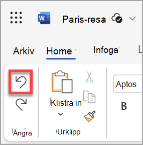 Knappen Ångra i Microsoft Word för webben.