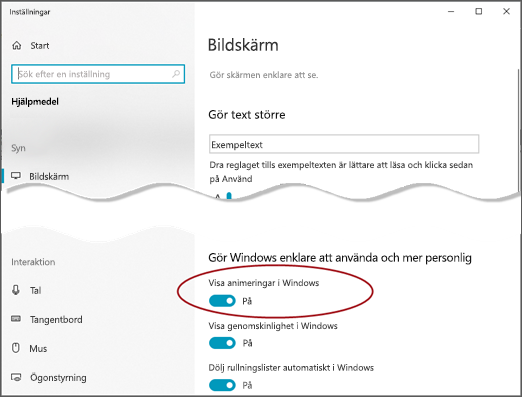 Menyn Hjälpmedel med alternativet Visa animeringar i Windows markerat.