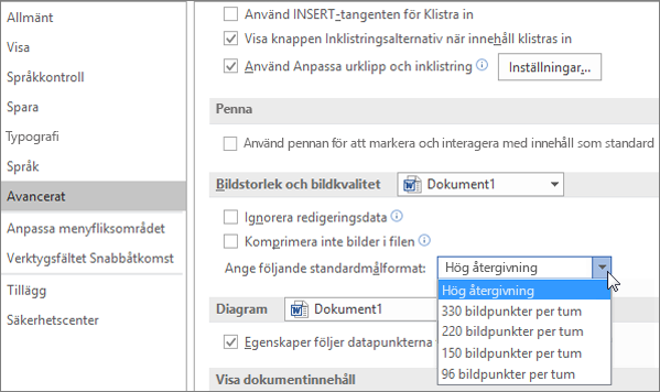 Ställa in standardupplösningen för bilder
