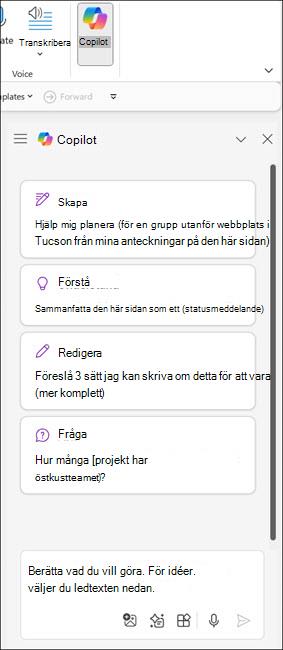 Skärmbild av Copilot-fönstret i OneNote