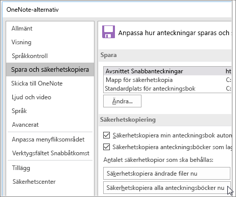 Skärmbild av dialogrutan OneNote-alternativ i OneNote 2016.